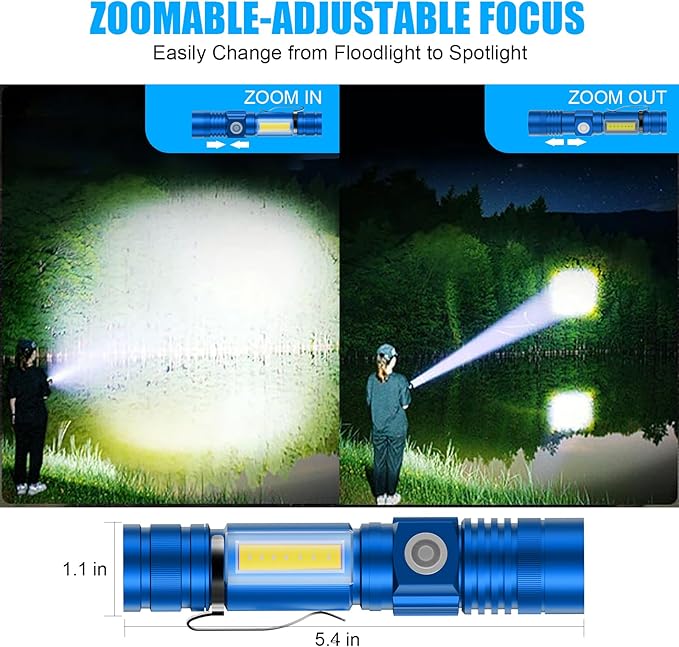 Hoxida Flashlight USB Rechargeable, Magnetic LED Flashlight, Super Bright LED Tactical Flashlight with Cob Sidelight, Waterproof, Zoomable Best Small LED Flashlight for Camping, Emergency - Blue