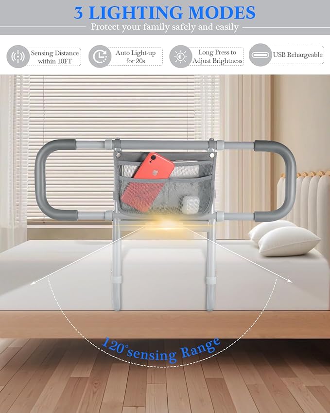 Bed Rails for Elderly Adults Safety, Extended Bed Assist Rail for Seniors with Motion Sensor Light - Adjustable Side Bed Guard Rails Handle Support Bar with Storage Bag, Fit King Queen Full Twin Bed