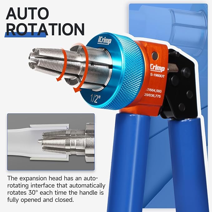 iCrimp Manual Expanding Tool Kit with Auto-Rotation Expansion Heads, Extendable Handle Expander Tool for 1/2,3/4&1 inch ProPEX,Wirsbo F1960 standard fittings