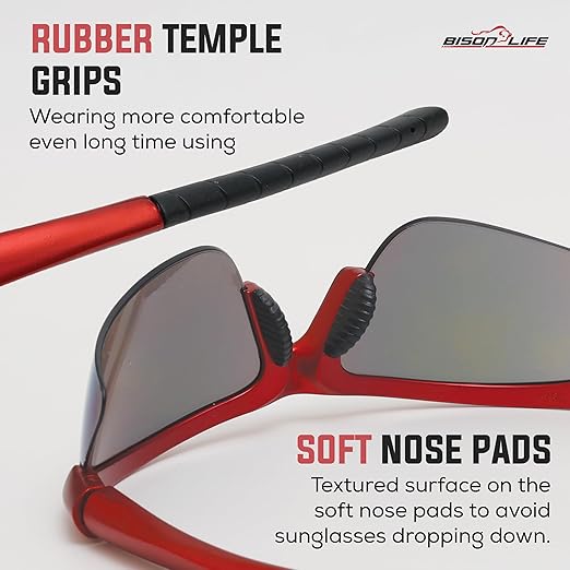 BISON LIFE Sport MTX Red Mirror Lens Safety Glasses, ANSI Z87+, Impact Resistant, Anti-Scratch UV Protection Lens for Shooting, Yard Work, Cycling, and Outdoor Activities (1 Pack)