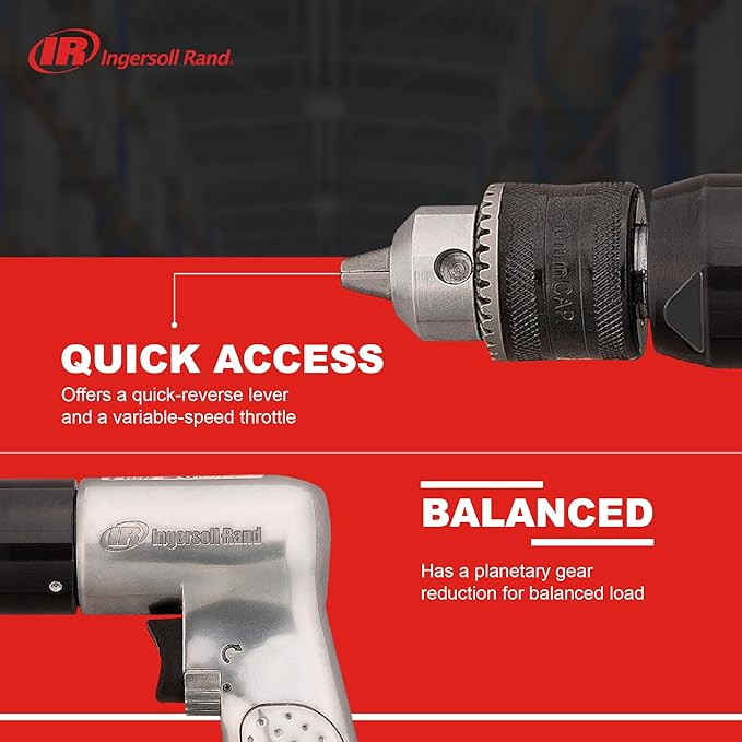 Ingersoll Rand 7803RA 1/2” Reversible Pneumatic Air Drill, Heavy Duty, 400 RPM, Variable Speed Throttle, 5HP Motor, Quick Reverse Lever