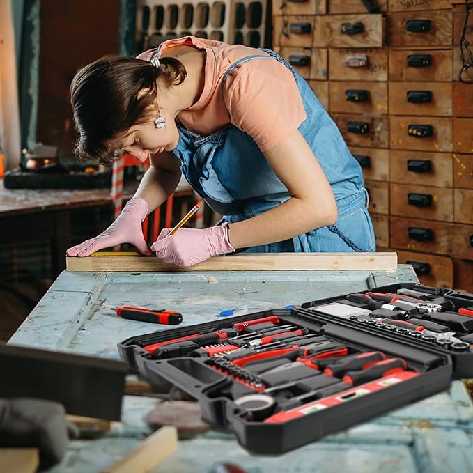 Yougfin 120 Piece Tool Set General Household Hand Kit with Plastic Toolbox Storage Case Red & Black