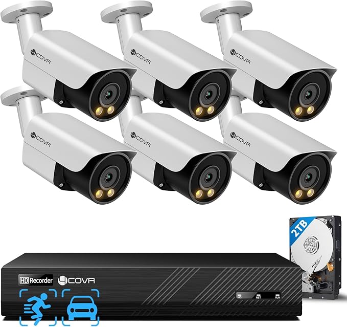 4COVR 8MP Security Camera System, 2 Way Audio Talk & Smart Color Night Vision, 6X 8MP Bullet PoE IP Camera IP67 Smart Human/Vehicle Detection, 8CH 4K NVR 2TB HDD, 24/7 Recording, LY37YX8M0806