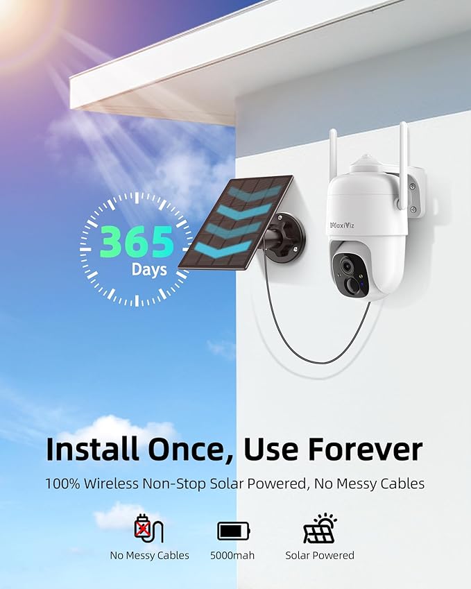 Solar Security Camera Wireless Outdoor, 360° View Qutdoor Cameras for Home Security with AI Motion Detection, 2K Color Night Vision, Two-Way Talk, IP66 Weatherproof, SD/Cloud Storage