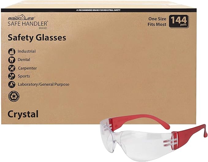 BISON LIFE Protective Safety Glasses, Clear Polycarbonate Impact and Ballistic Resistant Lens, RED (Case of 12 Boxes, 144 Pairs Total)