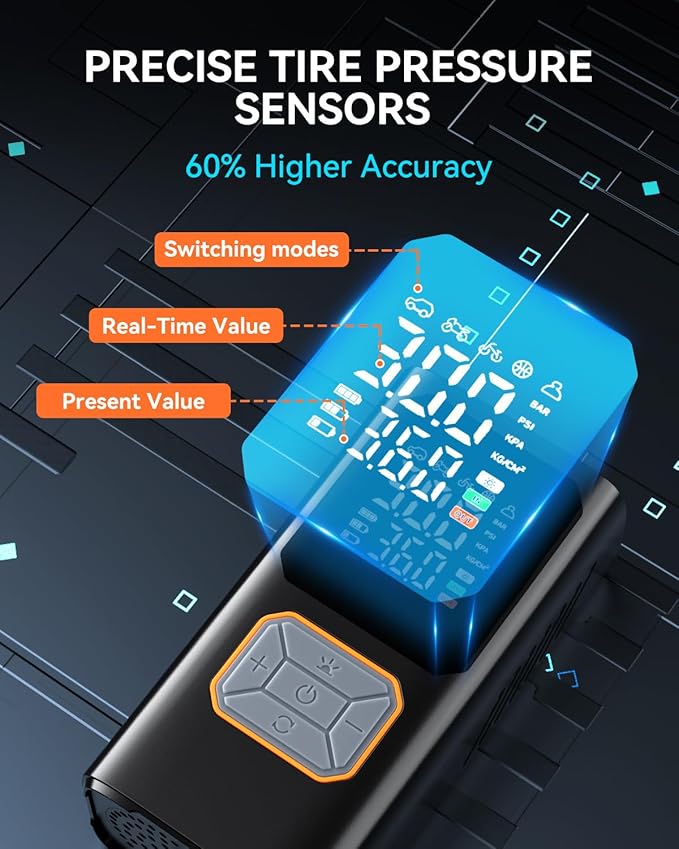 Cordless Tire Inflator Portable Air Compressor 150PSI Bike Pump with LED Light & Pressure Gauge Auto Shut-Off electric Air Pump for Car Tires Motorcycle Bicycle Ball with Digital Dual Values Display