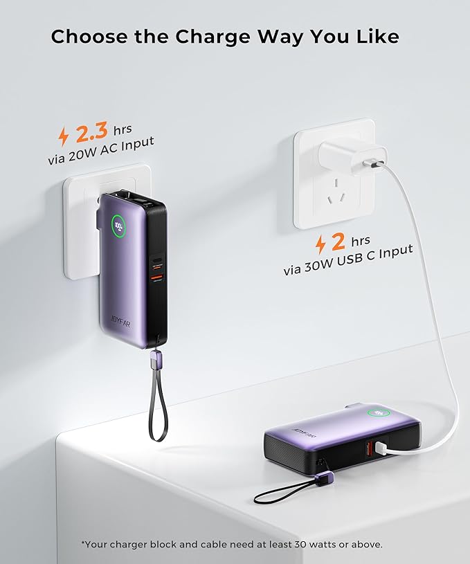 Portable Charger Power Bank - Battery Pack 35W AC Plug GaN 10000mAh Built in Cable USB C Phone Fast Charging Powerbank Compatible with iPhone 16 15 14 13 12 11 X iPad MacBook Samsung (Purple)