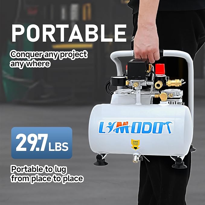 Ultra Quiet Air Compressor, Only 60dB, 1 Gallon Steel Tank, Oil-Free, Electric Air Compressor Perfect for Woodwork Nailing, Garage, Car, Pneumatic Tool, Includes 25 Ft. Air Hose Kit