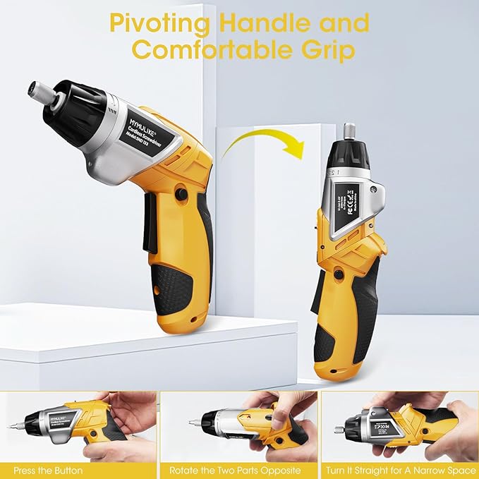 Electric Screwdriver Cordless Set, 3.6V Power Screwdriver Rechargeable with Light, Yellow Screw Gun with Pivoting Handle and Drill, 49 Pcs Accessories, 6+1 Torque Setting, 2000 mAh Battery