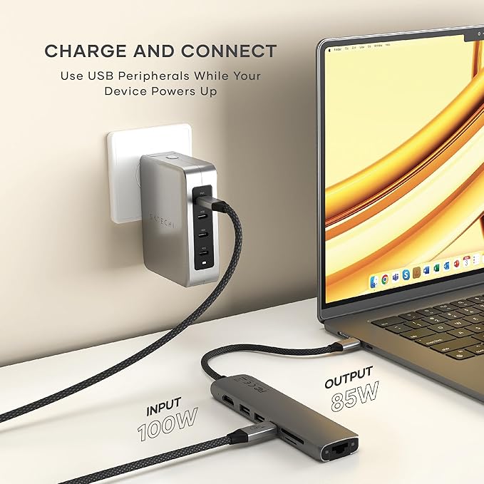 Satechi 7 in 1 USB C Hub Multiport Adapter with Ethernet, HDMI 4K@60Hz, 100W PD Charging, 2X USB-A Data Ports, Micro/SD Card Readers for MacBook Pro/Air M4–M1, iPad, iPhone, Windows - Space Gray