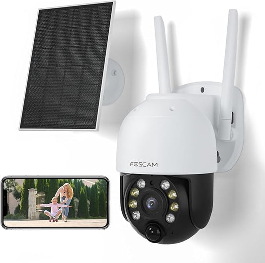 FOSCAM Solar Security Cameras Wireless Outdoor, 4MP 5000mAh Battery Powered WiFi Camera for Home Surveillance with Spotlights,Remote PT Control,PIR Human Detection,Color Night Vision,2-Way Audio,IP65