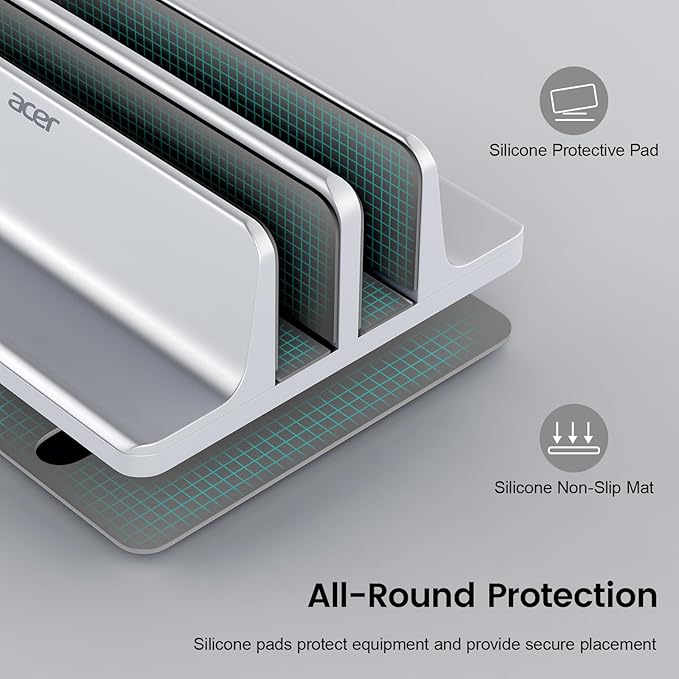 acer Dual Vertical Laptop Stand, Upright Desktop Stand Holder with Adjustable Dock (Up to 15.7''), Aluminum Laptop Rack Storage Desk Organizer for Tablet, MacBook/Samsung/HP/Dell/Chrome Book-Silver