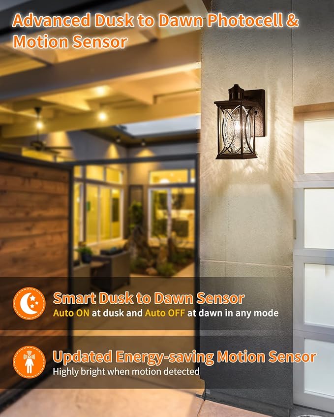 Motion Sensor Outdoor Wall Light with Dimmable Bulb, Modern Dusk to Dawn Exterior Light Fixture Wall Mount Porch Light Black with Crack-Like Glass Coach Lantern for House Garage