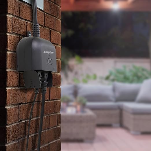 Energizer Smart Wi-Fi Outdoor Plug, Water-Resistant, 2 Individually Controlled Outlets, Customizable Schedules/Remote Access with App, Compatible with Alexa, Siri, Google Assistant, Black