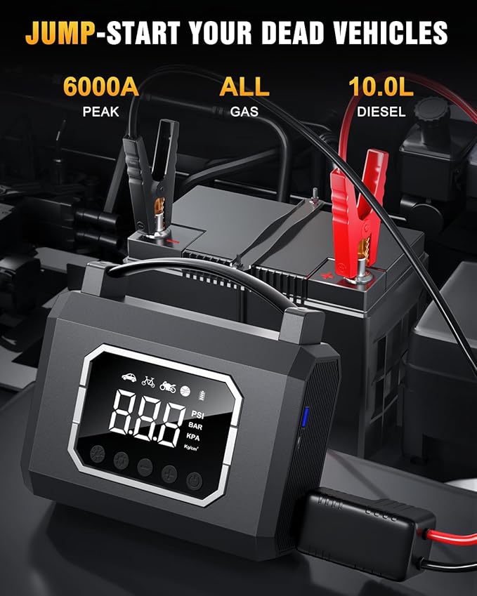 Tire Inflator Portable Air Compressor, 160PSI & 26800mAh 4X Fast Inflation, 65W Fast Charge, Car Battery Jump Starter,4 Modes Flashlight, Air Pump with Digital Pressure Gauge for Car, Bike, Motorcycle