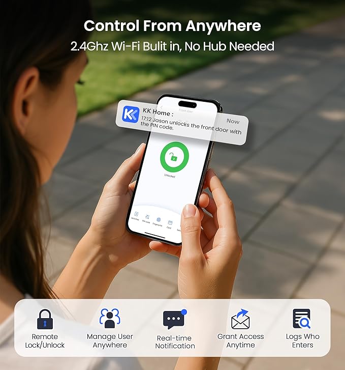 Veise VE029 WiFi Smart Lever Lock, Fingerprint Keyless Entry Door Lock with Handle, Built-in WiFi, Remote App Control, Electronic Digital Knob for Front Door and Bedroom, IP65 Waterproof, Matte Black