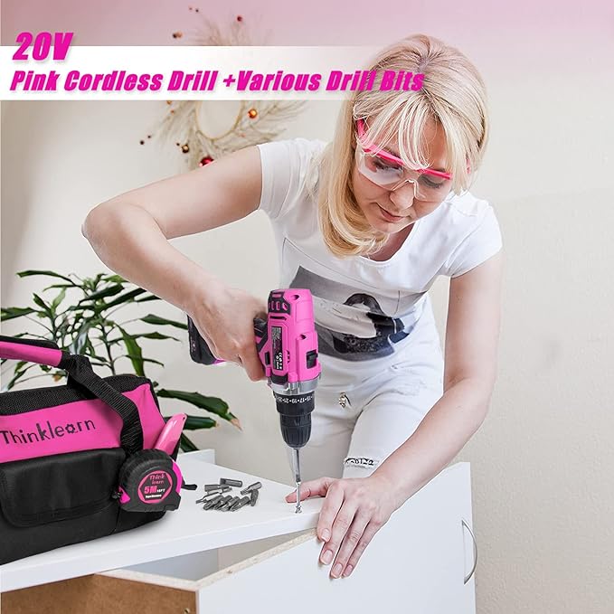 Tool Kit with 20V Cordless Drill(265in-lbs), Pink Drill Set for Women, Lady's Home Tool Kit for DIY, Daily Repair Tool Set as a Creative Gift with a Large-Capacity Tool Storage Bag