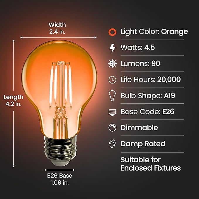 Feit Electric A19/TO/LED/6 25W Equivalent Dimmable Clear Glass Filament Colored LED Light Bulbs, Orange, 6-Pack, 2.4" D x 4" H