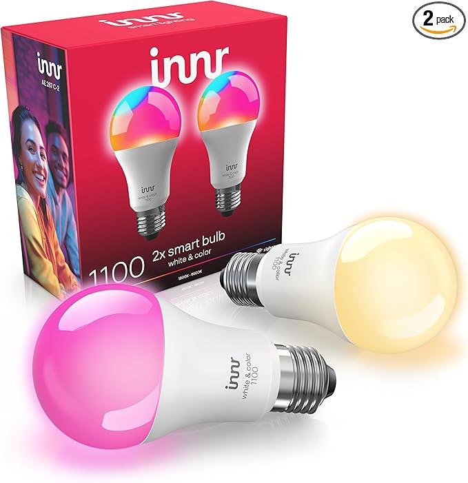 innr Zigbee A19 Smart Bulb, Works with Hue*, Alexa, SmartThings (Hub Required), White & Color, 40% More Brightness, E26 LED Color Changing Light Bulb, Dimmable, 1100 Lumen, 2-Pack
