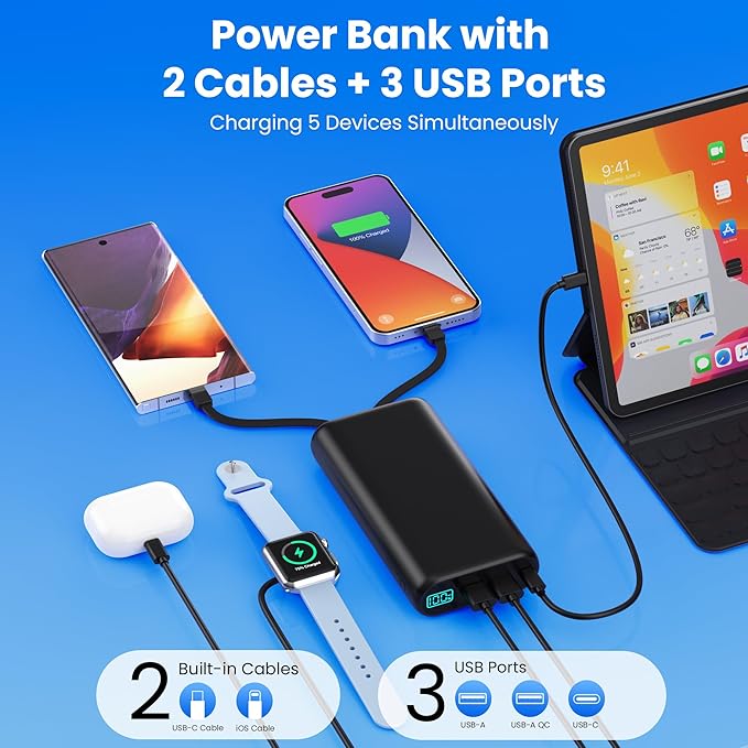 Portable Charger 40,800mAh Power Bank with Built-in Cables,5 USB Output Battery Pack Backup,25W PD USB C Phone Charging LCD Display Compatible with iPhone 16/15/14/13 Pro,Android Galaxy Pixel Nexus