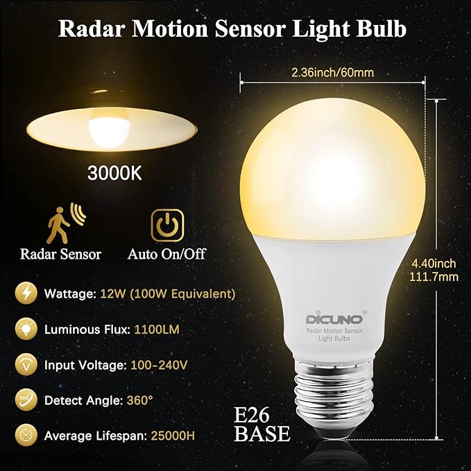 DiCUNO Radar Motion Sensor Light Bulbs Outdoor, 12W (100W Equivalent), Motion Sensor Bulb Auto On/Off, Warm White 3000K, 1100 LM, A19 E26 Indoor/Outdoor Lighting for Front Porch Garage, 2-Pack