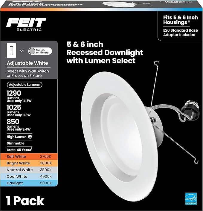 Feit Electric 5-6" LED Recessed Downlight, 120W Equivalent, Dimmable, 5CCT Selectable White, High Output, 90 CRI, 1290 Lumens, 45-Year Lifetime, LEDR56HO/6WYCA/6, 6 Pack