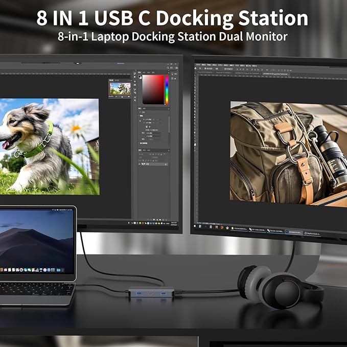 Docking Station Dual Monitor for HP/Dell/Lenovo/MacBook, USB C Hub Adapter with Dual 4K HDMI, 8-in-1 Laptop Docking Station, USB C Dock with USB 3.0, PD Charging, SD/TF Card Reader