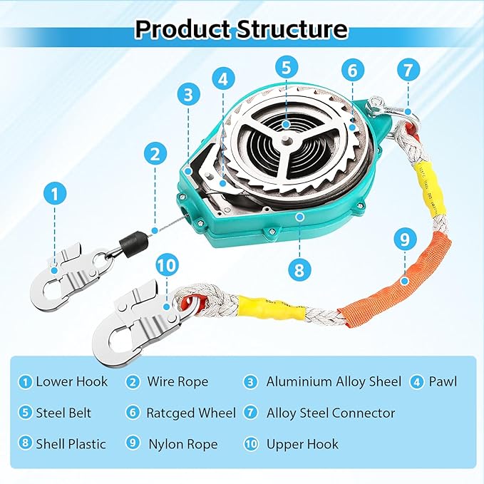 23ft Self Retracting Lifeline 330lbs Fall Arrester Fall Protection with Alloy Steel Hook & Steel Wire Rope