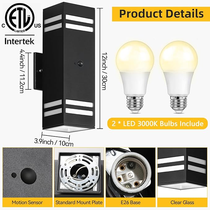 SHIMR Motion Sensor Outdoor Wall Light, Dusk to Dawn Outdoor Lighting with LED Bulbs Included, Waterproof Anti-Rust Aluminum 3 Lighting Modes Exterior Light Fixture for House Porch Garage, ETL Listed