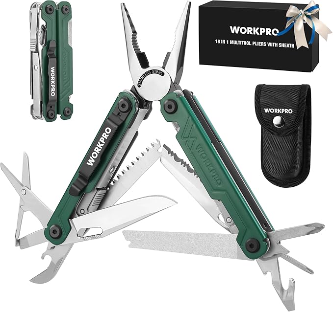 WORKPRO 18-in-1 Multi Tool Pliers, Gifts for Men, Stainless Steel EDC Multitool with Pocket Knife, 2 Safety Locks, Belt Clip and Oxford Pouch, Utility Multiuse Tool for Camping
