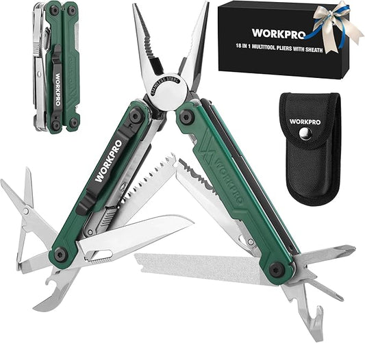 WORKPRO 18-in-1 Multi Tool Pliers, Gifts for Men, Stainless Steel EDC Multitool with Pocket Knife, 2 Safety Locks, Belt Clip and Oxford Pouch, Utility Multiuse Tool for Camping
