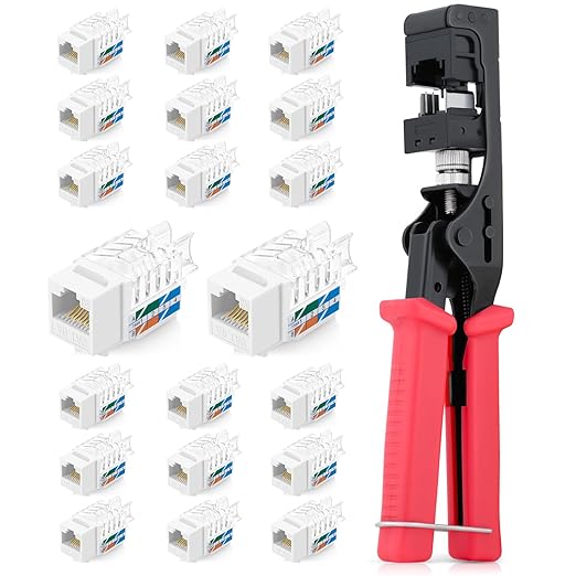 Everest easyJACK - 45° Angled Speed Termination Keystone Tool Set - with 20-Pack of RJ45 Cat6A Keystone Jacks in White (Slim Profile Design) - Time Saver Network Punch Down Tool Cat6A