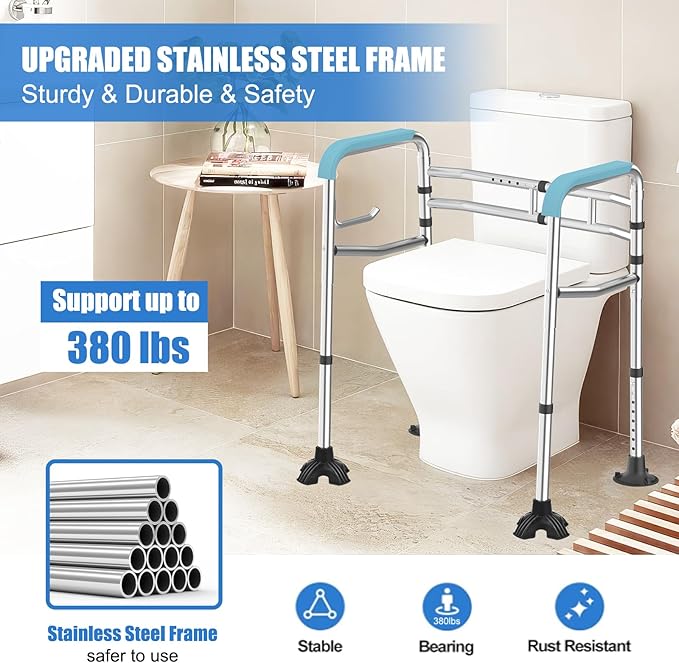 Upgraded Toilet Safety Rail, 380LB Stainless Steel Toilet Frame with Non-Slip Handles & Paper Holder, Adjustable Detachable Handicap Toilet Rails, Foldable Toilet Support Frame for Elderly