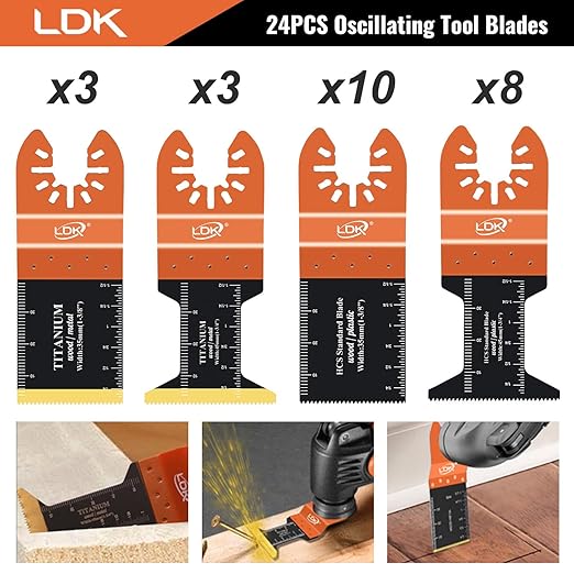 LDK 24pc Oscillating Tool Blades, Professional Titanium Universal Multitool Blades for Wood Plastics Metal Nails Bolts, Quick Release Multi Tool Blades Kits Fit Dewalt Bosch Makita Worx Milwaukee