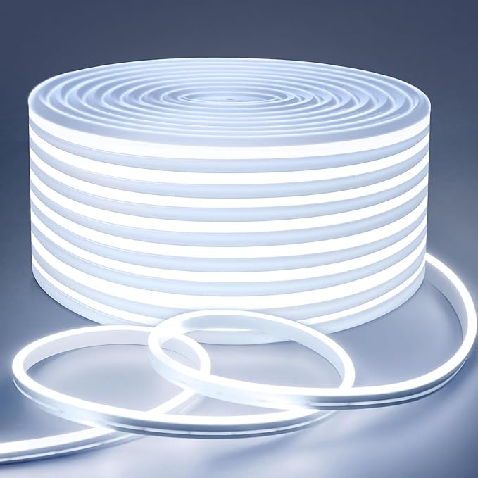 Lamomo Neon LED Rope Light 65.6Ft, White LED Strip Lights 1.96in/Cut, 6000K Waterproof Flexible Silicone 24V Led Strip for DIY Neon Sign Bedroom Indoor Outdoor Decor（Power Adapter Included）