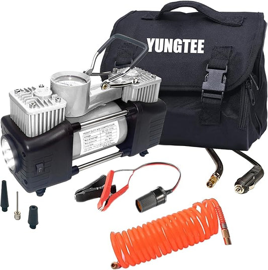 YUNGTEE Sliver Tire Inflator Heavy Duty Double Cylinders Direct Drive Inflation Pump,12V Portable Air Compressor Pump with Emergency LED Light - 150PSI Tire Pump,Apply to Car,Suv,RV