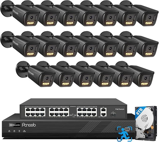 32 Channel Security Camera System, 20pcs 5MP PoE IP Bullet Camera, Smart Color Night Vision, 2 Way Audio Talking, AI Human Vehicle Detection, Remote Access, 4K 32CH NVR 8TB HDD, PB65B2032-5MD