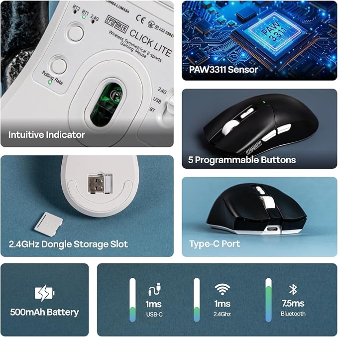 EPOMAKER Click Lite Wireless Gaming Mouse, 800 to 12,000 DPI Adjustable, PAW3311 Sensor, 500mAh, 59g, 2.4G/BT/USB-C Rechargeable Wireless Mouse with 5 Programmable Buttons for PC/Mac/Linux (Black)