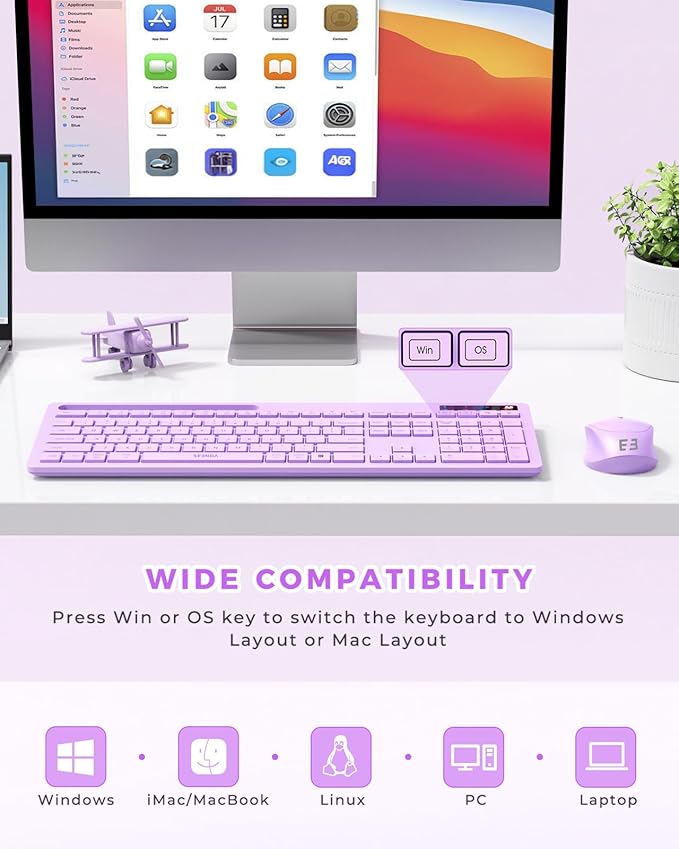 Wireless Keyboard and Mouse for MacBook, seenda Full-Size Purple Keyboard with Phone Holder, 2.4G USB A & Type C Receiver, Compatible for Mac, MacBook/Air/Pro Windows Computer/Desktop/Laptop