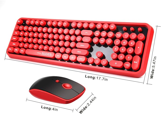 Wireless Keyboard Mouse Combo,2.4GHz Waterproof Keyboard with Round Retro Style Red Key and Optical Wireless Gaming Mouse with 3 Adjustable DPI,Compatible with PC, Computer, Laptop, Desktop, Note-Red