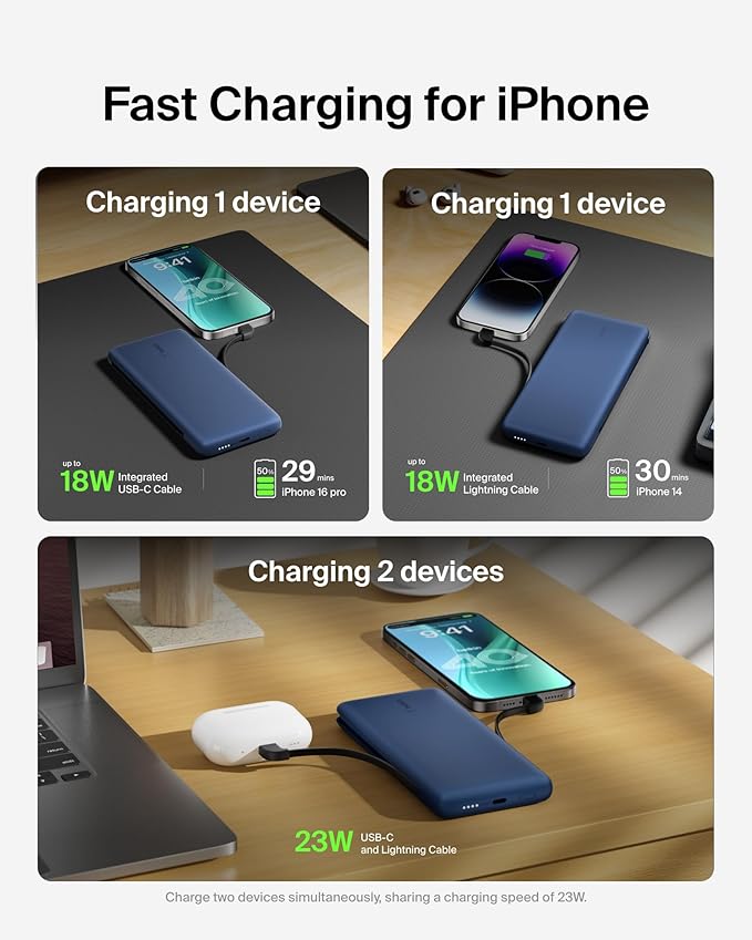 Belkin Portable Charger, Power Bank 10000 mAh, 23W w/Integrated Lightning Cable & USB-C Cable - iPhone Charger Battery Pack for Apple iPhone 16, 15, 14, Galaxy S25, Pixel 9, Travel Essentials - Blue