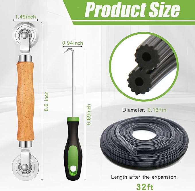 Screen Repair Kit/Tool, King&Charles Screen Roller Tool, Steel Roller with Bear, 32 ft Spline, Removal Hook, 3 in 1 Window Repair Kit, for Installing Door Window Mesh.