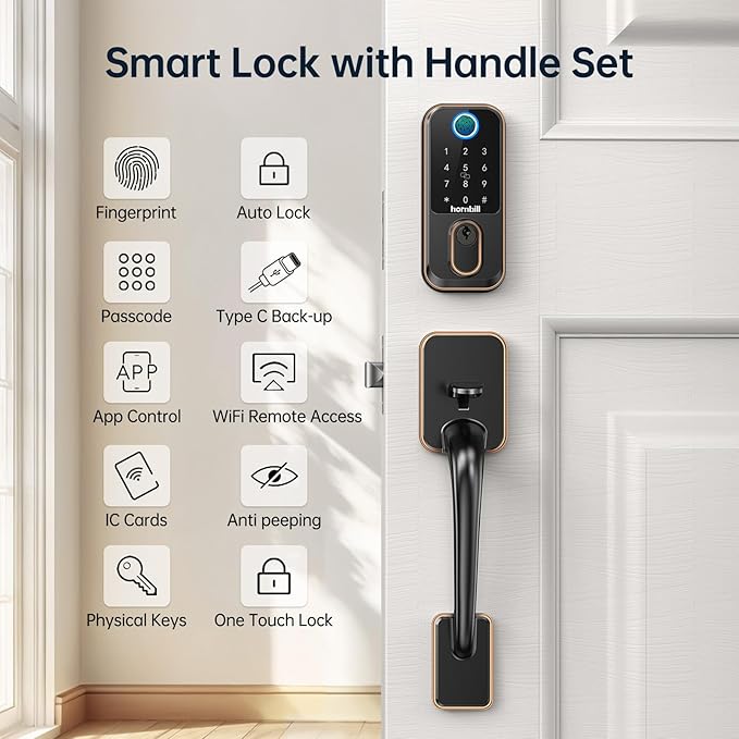 WiFi Smart Locks for Front Door: Hornbill Keyless Entry Door Lock with Handle, Fingerprint Keypad Deadbolt Front Door Lock Set, Electronic Biometric Digital Lock, App Remote Control, Oil Rubbed Bronze