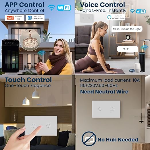 Smart Light Switch 3 Way Need Neutral Wire,FCC Certified,2.4GHz WiFi Switch Glass Panel APP Control Timer Work with Tuya/Smart Life,Alexa and Google Home,Grey 2 Gang