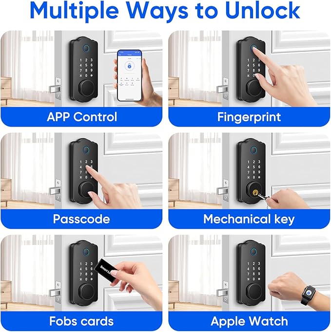 Fingerprint Smart Door Lock, Keyless Entry Deadbolt, Electronic Biometric Deadbolt with Phone/Watch App Control, Auto Lock with Touchscreen Keypad for Bedroom, Front Door, 7 Ways to Unlock