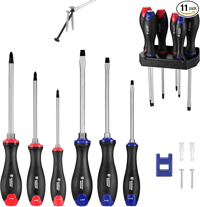 WORKPRO Magnetic Screwdriver Set 11-Piece, Screw Driver Set Kit with Wall Mount Rack, Includes Slotted & Phillips Screwdrivers, Magnetic Screwdriver with Magnetizer Demagnetizer Tools