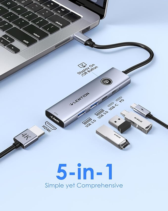 LENTION USB C Multiport Adapter, 5-in-1 USB C Hub with HDMI 4K@60Hz, USB A 3.0, Type C 3.0, 100W PD Charging, Multiport USB Adapter with Screen On/Off Button for MacBook and Other Type C Devices