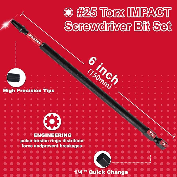 10 Pieces 6 In. T25 Impact Tough Magnetic Screwdriver Bit Set, #25 Torx Head Power Bits, S2 Alloy Steel Star Bits with Storage M-Box
