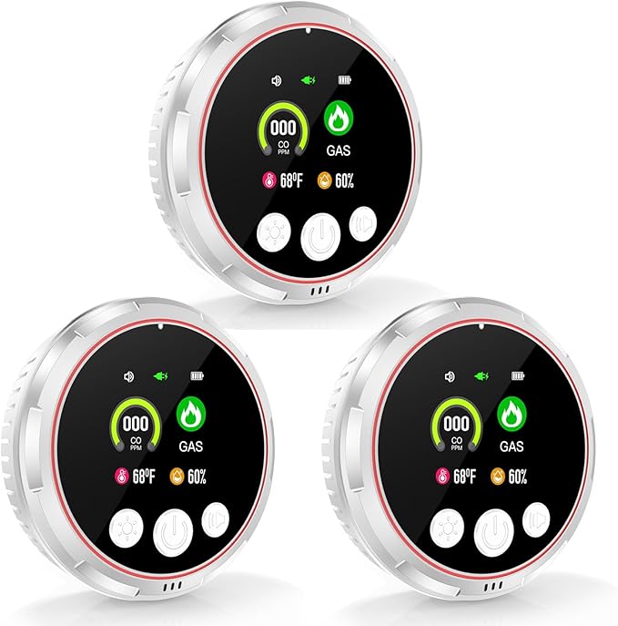 3 Pack 4-in-1 Carbon Monoxide Detectors &Natural Gas Leak Detector, Portable Carbon Monoxide Detectors Plug in & Battery Backup, HD Screen Display- Hotel and Travel Safety, RV, Home
