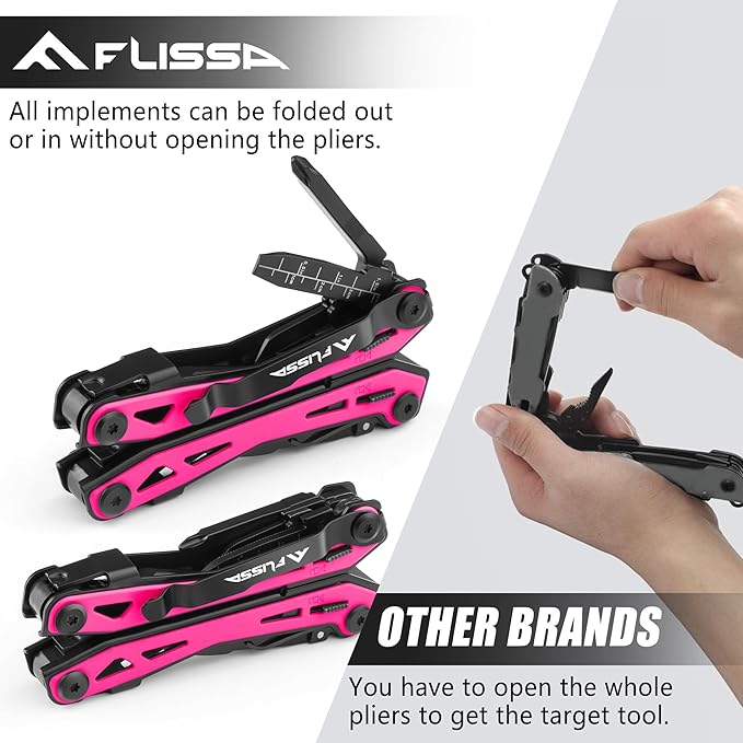 FLISSA 16-in-1 Pink Multi Tool Pliers, Gifts for Men, Stainless Steel EDC Multitool with Pocket Knife, Belt Clip and Oxford Pouch, for Camping Survival Outdoor Activities